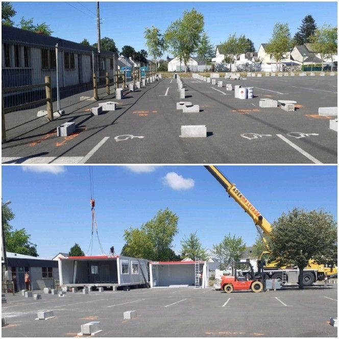 phase d'installation de l'école en bâtiment modulaire de Maen Roch près de Fougères (35)